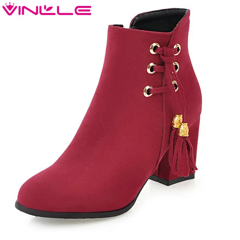 

VINLLE 2018 Women Shoes Winter Ankle Boots Pointed Toe Zipper Square High Heel Black Ladies Motorcycle Shoes Size 34-43