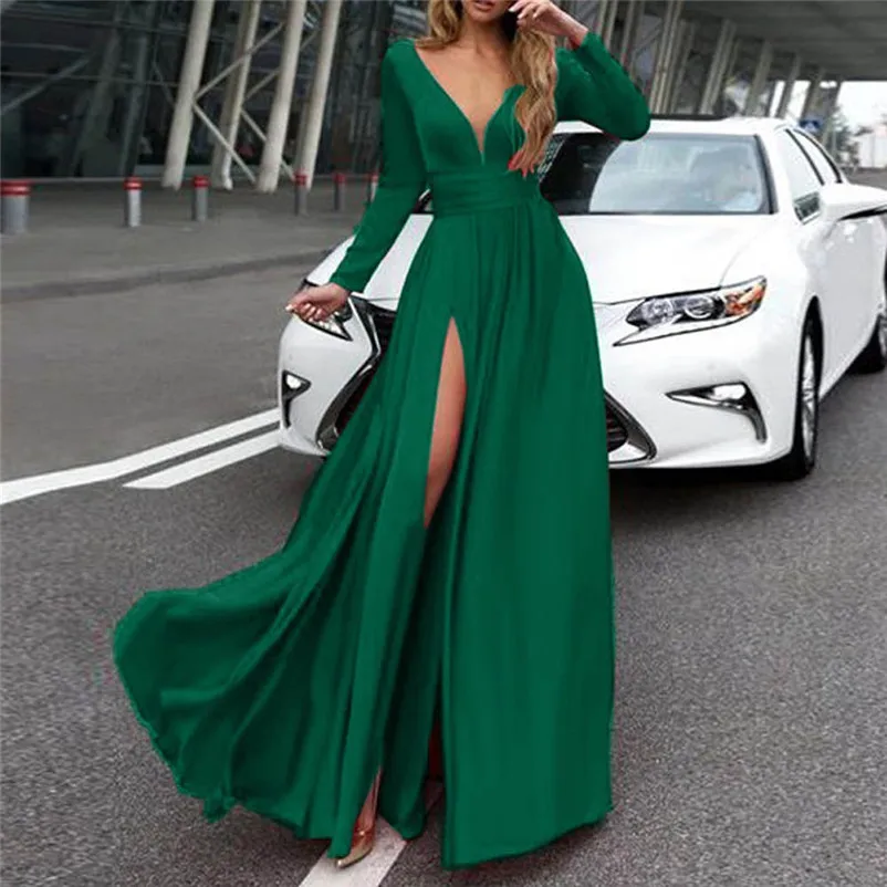 Women's Long Sleeve Sexy V Neck Soild Sling Everying Party Long Dress Casual elegant High Quality dress New Arrival N16#N (2)
