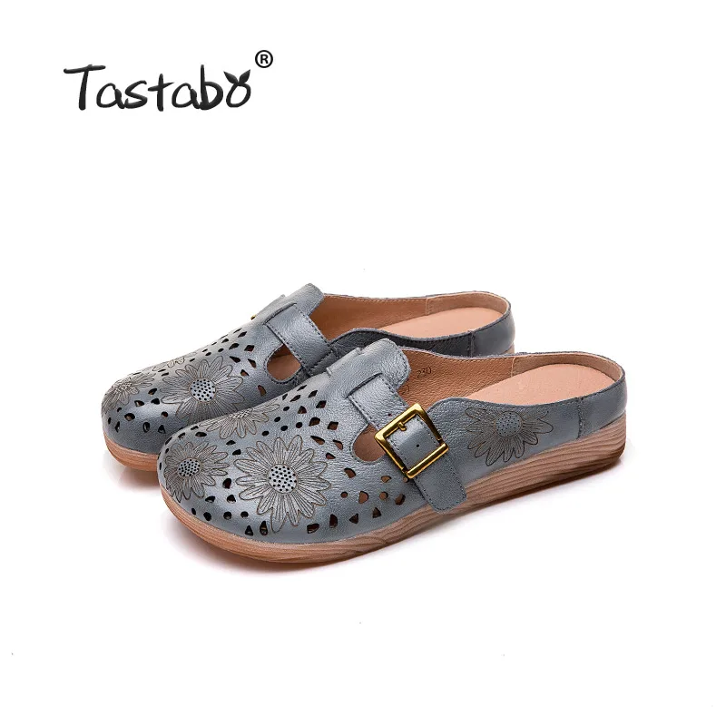 Tastabo/уличные тапочки с принтом; обувь из натуральной кожи; шлепанцы ручной работы; повседневная обувь; большие размеры; удобная мягкая подошва - Цвет: Gray