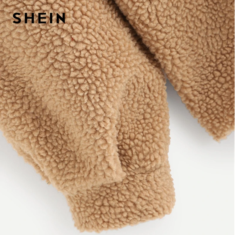 SHEIN البني الحديثة سيدة أنيقة البريدي الجبهة تيدي نصف بلاكيت طوق قميص عادي 2018 الخريف عارضة المرأة بلوزات