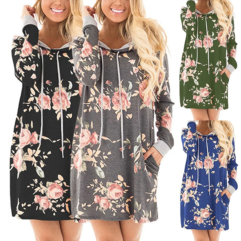 Womens Floral Hooded T-shirt Dress Ladies Long Sleeve Casual Holiday Short Dress
