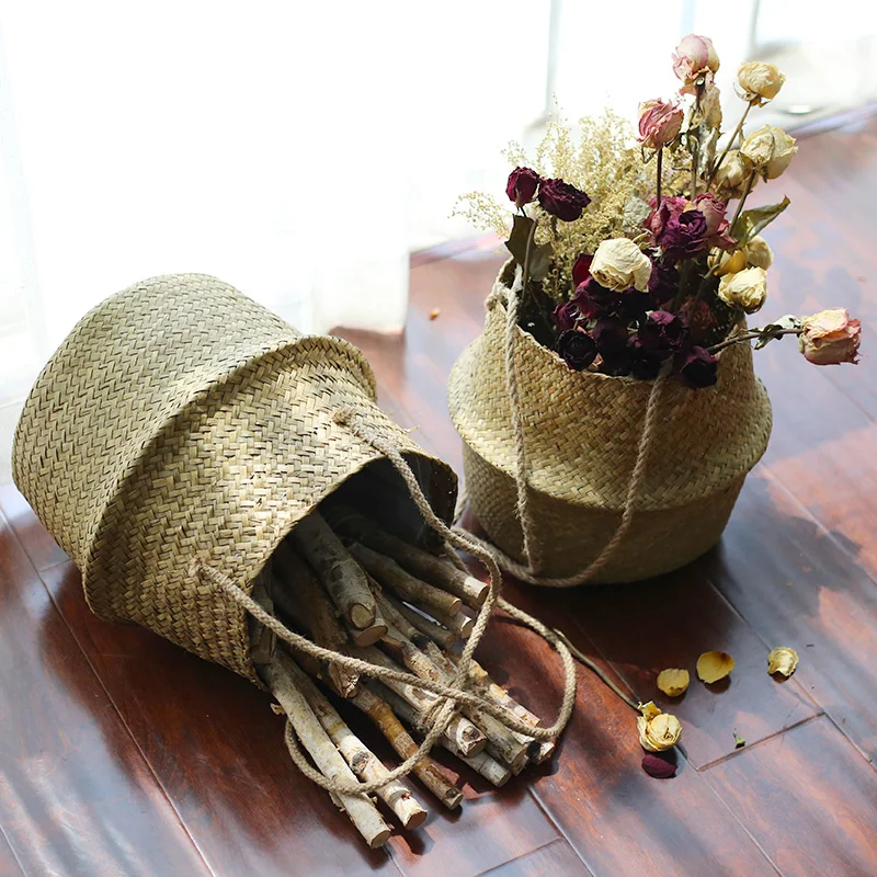 WCIC Foldable Storage Basket Laundry Hamper Picnic Baskets Storage Holder Case Seagrass Wickerwork Basket Toy Storage Organizer