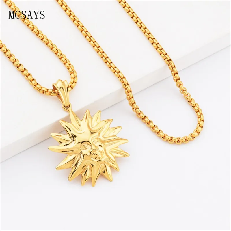 MCSAYS Stainless Steel Punk Necklace Sun God Apollo Helios Pendant Gold Color Box Chain Necklace 