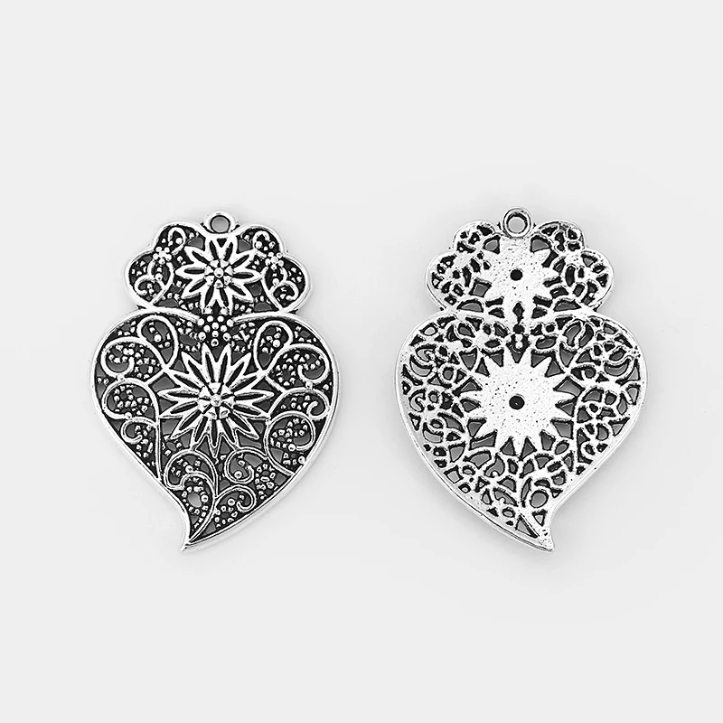 4 пары античное серебро/бронза полые филигранные цветы Португалия Виана подвески в форме сердца для ожерелья Изготовление ювелирных изделий