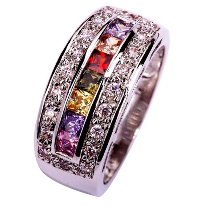 Hot Sell New Fashion 925 Silver Ring Size 7 Multi colored Stone Women