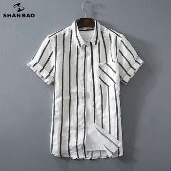 

SHANBAO Brand Creative Cotton Linen Men's Casual Short Sleeve Shirt 2020 Summer New High Quality Striped Shirt big size