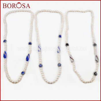 

BOROSA 34inch Natural Pearl Handcrafted Necklace,Round Drusy Stone Paved Zircons Gems Freshwater Pearl Beaded Necklace JAB787