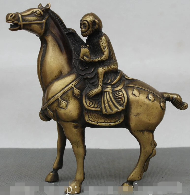 

6" Chinese Copper Fengshui Zodiac Monkey Ride Horse Immediately seal Statue D0317