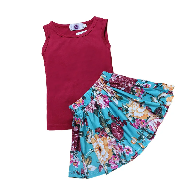 

Casual Summer Kids Girls Clothing Sets Printed O-Neck Sleeveless T-Shirts+Solid Dress 2 Pcs Girls Clothes Sets Skirts Suits