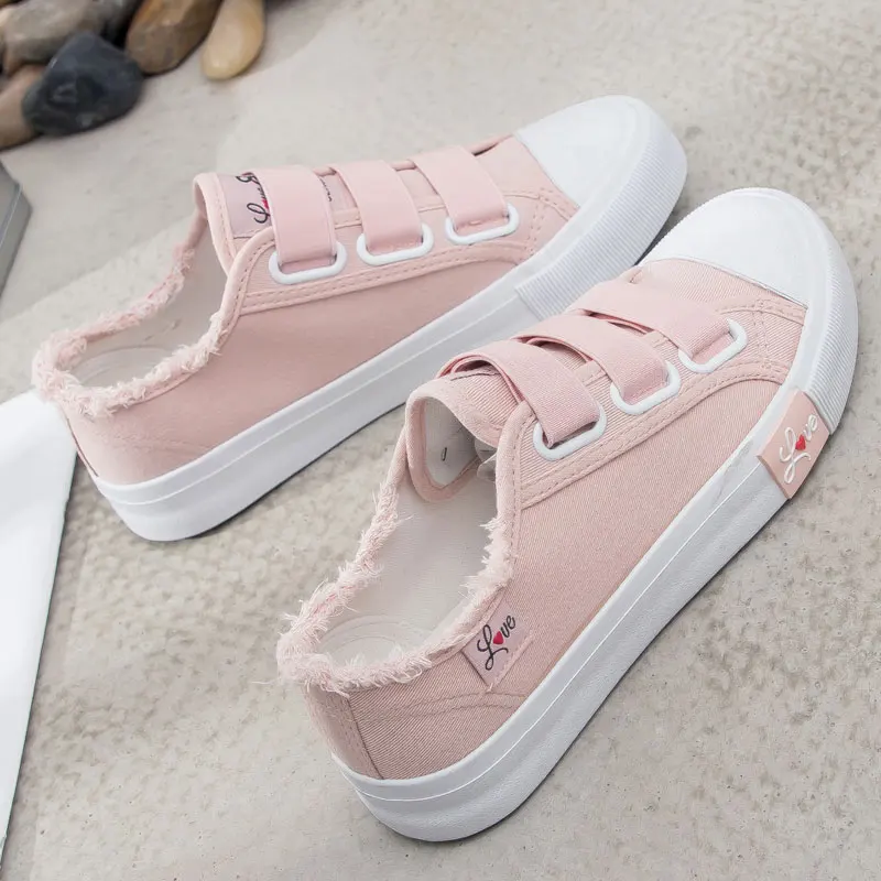 Повседневная женская обувь; коллекция года; однотонные женские кроссовки на липучке; дышащая парусиновая обувь; женские кроссовки; сезон весна; женская обувь на плоской подошве - Цвет: Pink