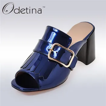 

Odetina Brand 2017 New Summer Women Square Buckle Slingbacks High Heels Sandals Open Toe Pumps Tassels Mules D'ete Pour Femme