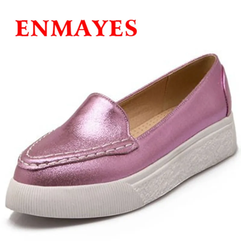 

ENMAYES Senior Gold Surface Platform Flats Slip-on Pointed Closed Toe Simple Wild Plain Women Flats Solid Casual Shoes Flats