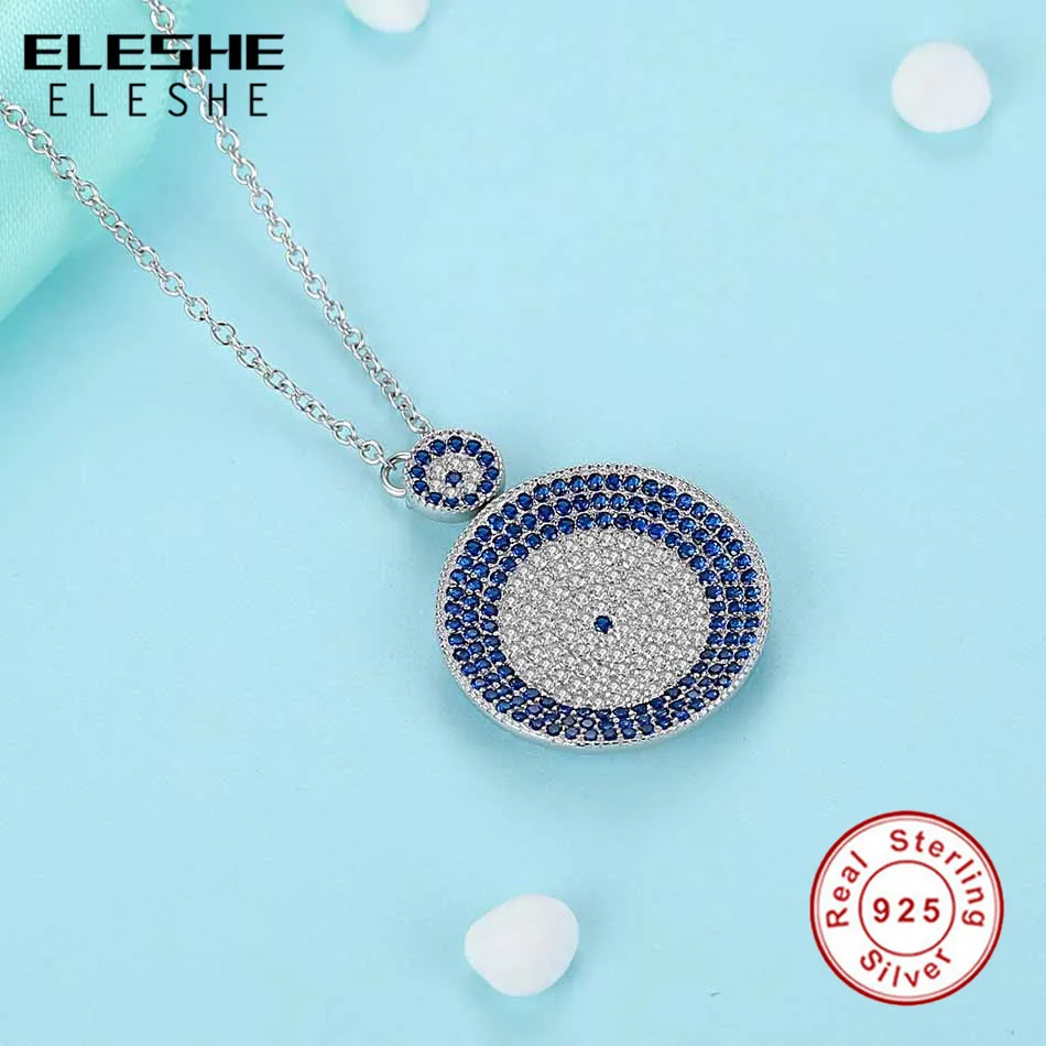 ELESHE Double Round Unique Cubic Zirconia Blue Crystal Necklace & Pendants 925 Sterling Silver Elegant Wedding Jewelry For Women