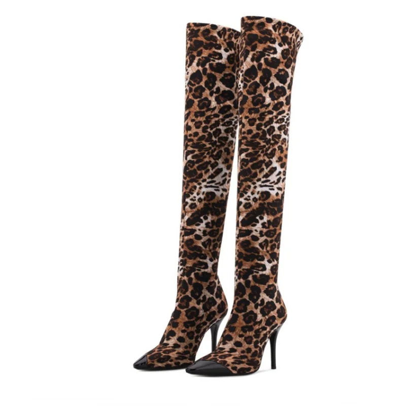 

New Women Leopard Women Over The Knee Boots Sexy Pointed Toe High Heels Shoes Woman Slim Thigh High Boots Botas Size 35-43