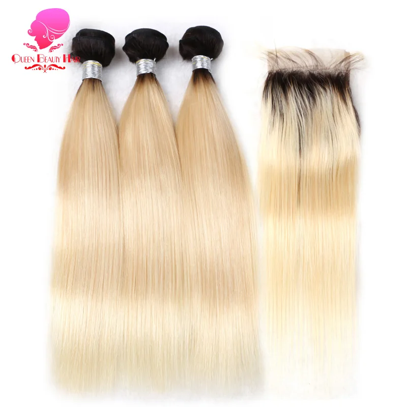 

QUEEN BEAUTY Malaysian Straight Hair 1B 613 Ombre Russian Blonde Bundles with Closure Remy Human Hair Bundles Weave with Closure