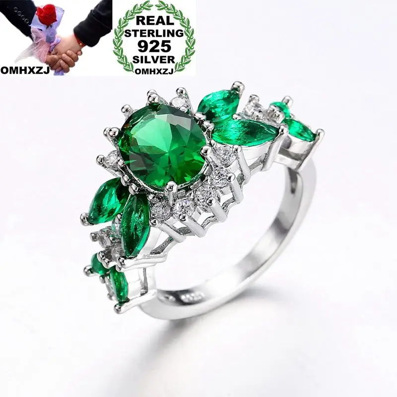 OMHXZJ Wholesale European Fashion Woman Man Party Wedding Gift Luxury Silver Green AAA Zircon 925 Sterling Ring RR48 | Украшения и