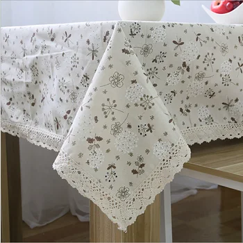 

Pastoral Style Cotton Linen Table Cloth Dandelion Printed Rectangle Table Cover Tablecloth with Lace Edge High Quality