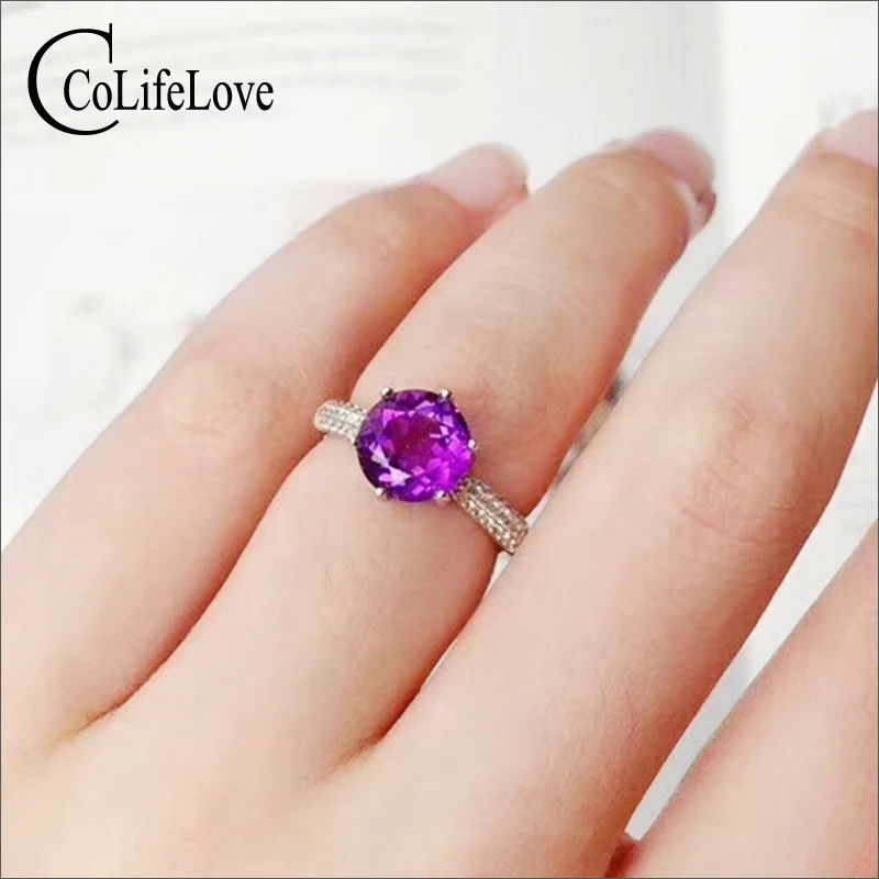 

CoLife Jewelry Simple Design Silver Gemstone Ring for Party 6mm Natural Amethyst Ring 925 Silver Amethyst Jewelry