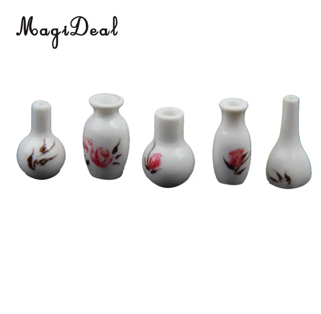 MagiDeal 1/12 Scale Dollhouse Miniature White ABS plastic Vase Jars with Floral Printed for Kitchen Furniture Pretend Play Toys