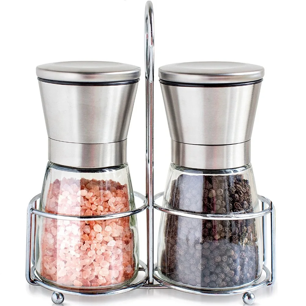 

Stainless Steel Salt and Pepper Shakers or Grinders with Matching Stand and Adjustable Coarseness Feature