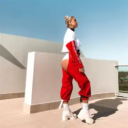 2019 Новые Модные свободные сексуальные красные штаны в стиле хип-хоп женские открытые брюки в стиле панк с пряжкой с высокой талией