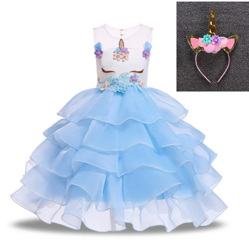 Unicorn Dress Flower Girls Unicorn Tutu Dress Princess Girls Christmas Dress Children Unicorn Party fantasia Girls Dress - Цвет: Blue Dress headdress