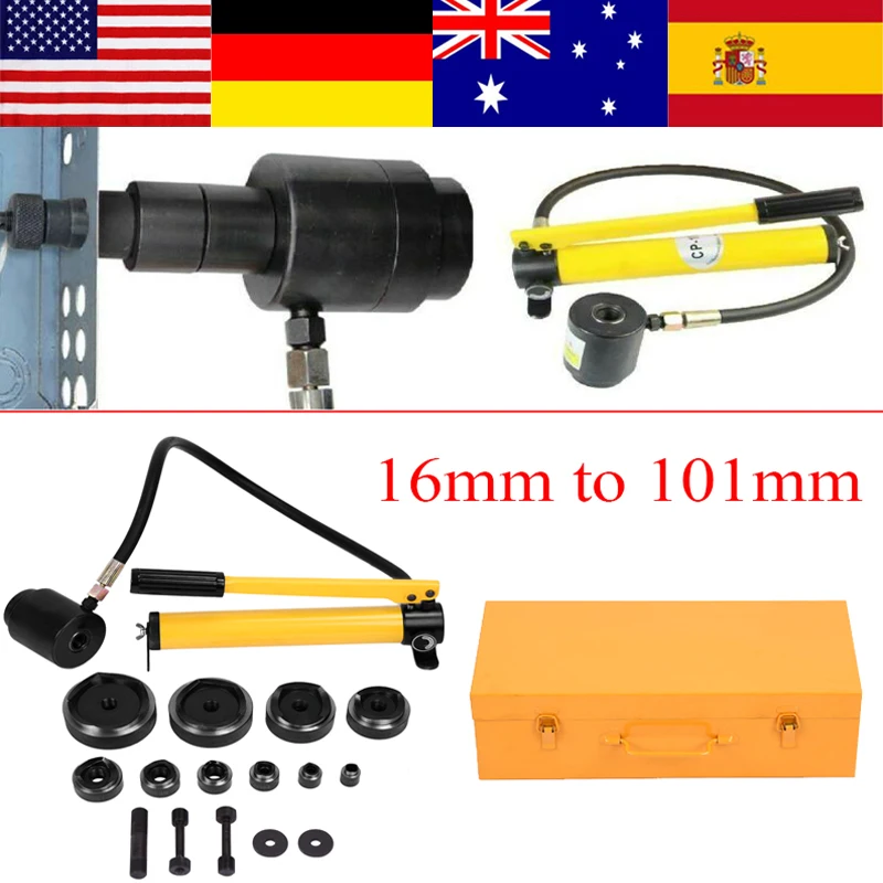 

Hydraulic Metal Steel Plate Metalworking Hole Punch Driver Set Hand Pump w/ 10 Dies Tool 16mm to 101mm Manual Punch Driver Tool