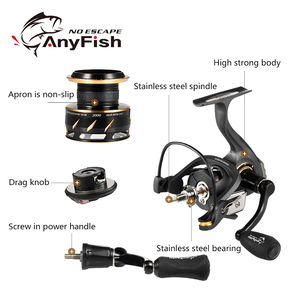 Спиннинговая Рыболовная катушка Anyfish модель 2000/3000/4000/5000/6000 10 + 1 шарикоподшипник