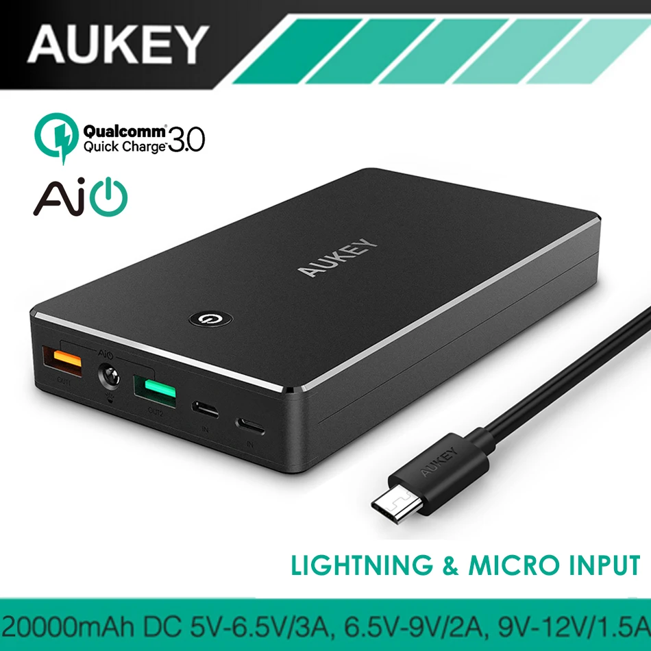 AUKEY 20000mAh Power Bank With Quick Charge 3.0 Fast Charging Dual USB Portable External Battery With Micro USB &Lighting Input