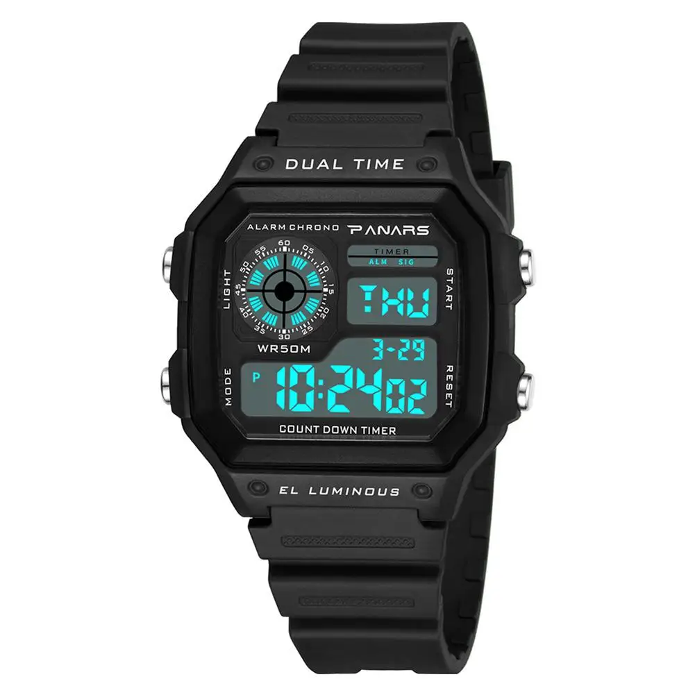 

Multiuse Waterproof Square Dial Luminous Dual Time Alarm Men sport Digital Wrist Watch Military Electronics army clock Relojes