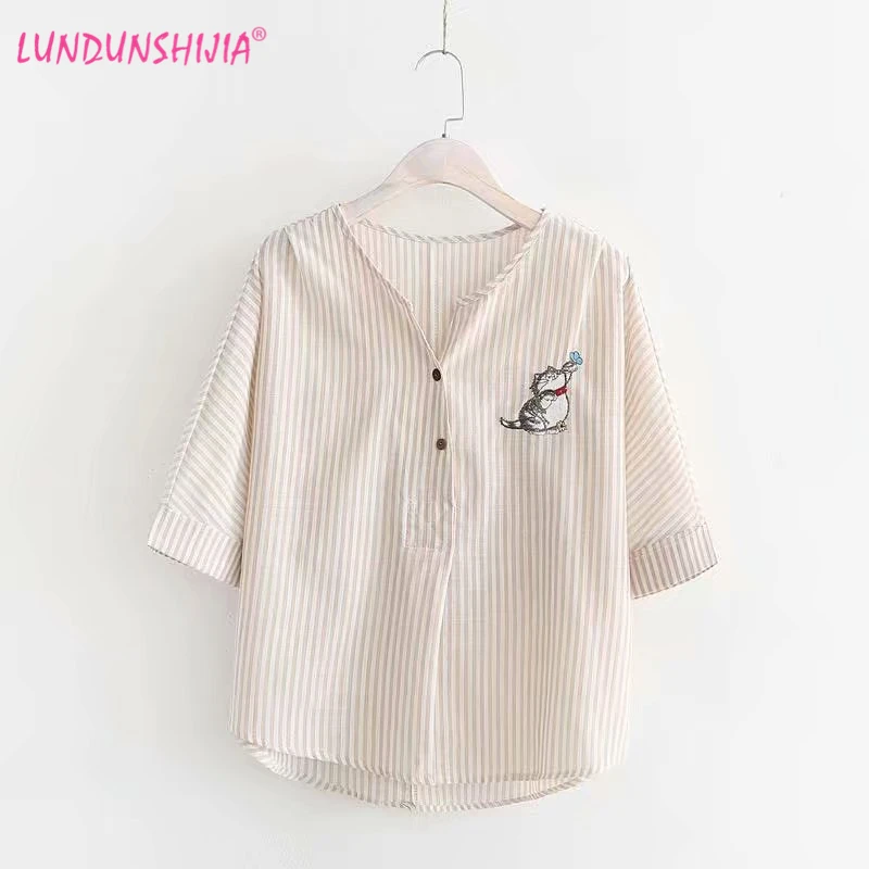 

LUNDUNSHIJIA Blusas 2019 New Arrival Summer Women Short Sleeve Blouse Cute Cat Embroidery Stripe Shirts Short Style Top