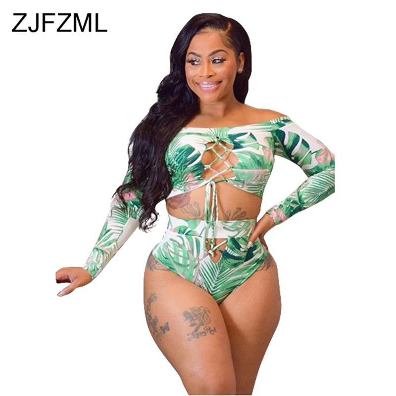 

Leaves Print Sexy Two Piece Outfits Summer Clothes For Women Slash Neck Long Sleeve Crop Top+Bodycon Short 2 Pcs Matching Sets