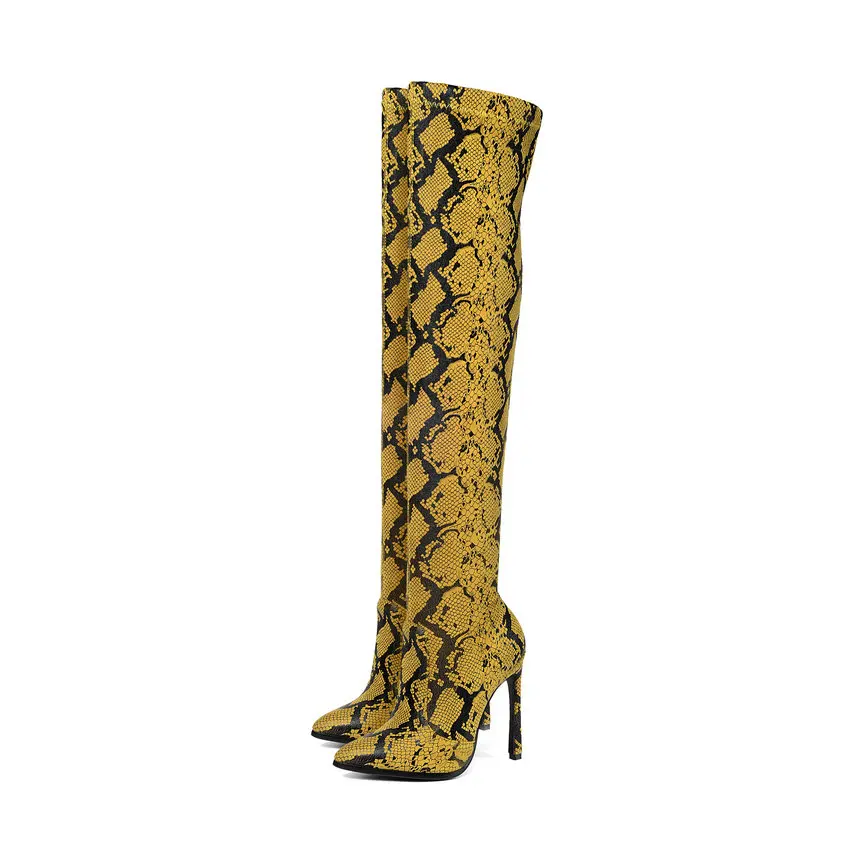 QUTAA/ г. Пикантные Сапоги выше колена на тонком высоком каблуке с острым носком модная женская обувь из искусственной кожи змеиной кожи на осень-зиму размер 34-43