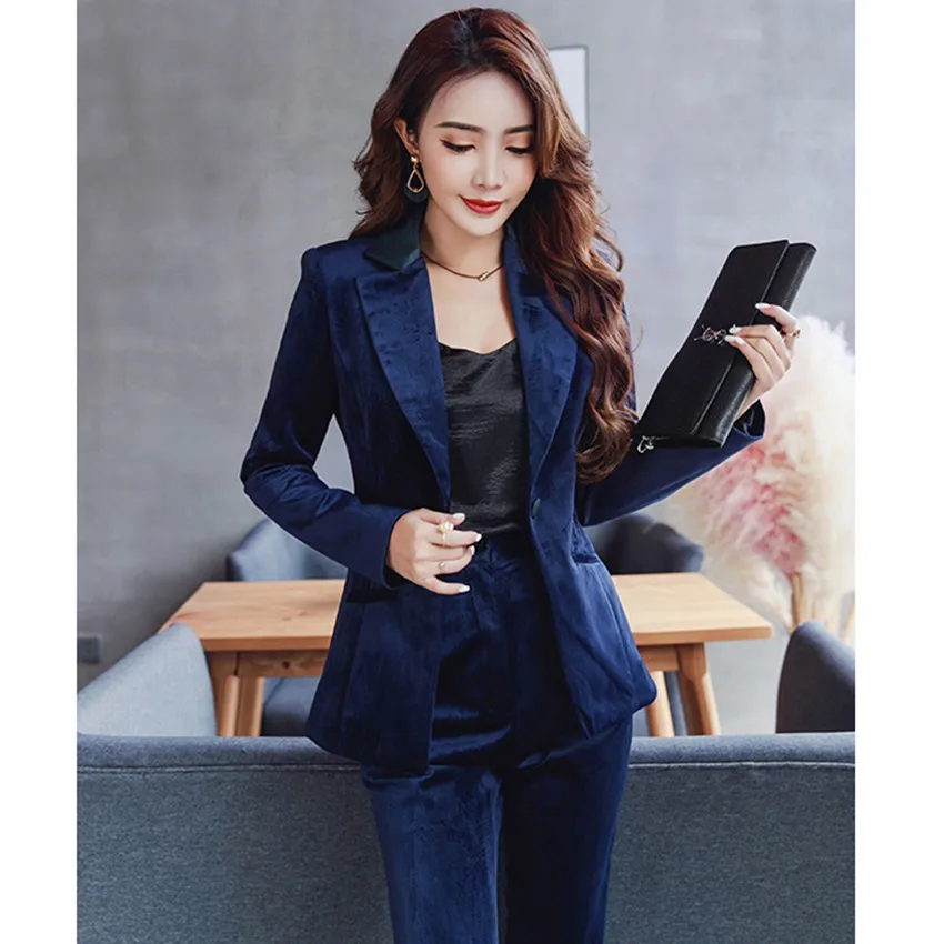 Manches Qualité Haute Blazer Bureau De Automne 2018 Blue Costume Pantalon 2 À Femmes Piste Ensemble Velours Designer Longues Ensembles Pièce Hiver B1wC7xTwq