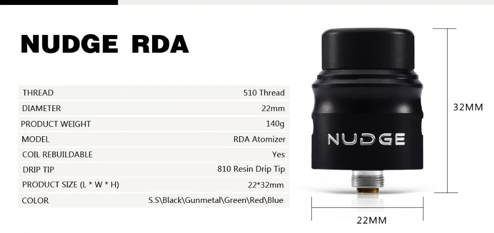 Распродажа! Wotofo Nudge RDA 22 мм Vape атомайзер для электронных сигарет 510 Pin с двойным Плавленым Clapton N80 готовые катушки