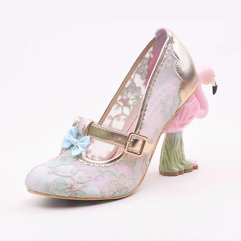 Женские свадебные туфли на высоком каблуке с кружевным плетением; Туфли на каблуке 10 см с Фламинго; женские туфли-гладиаторы; sapato feminino; туфли на шпильке с блестками; zapatos mujer