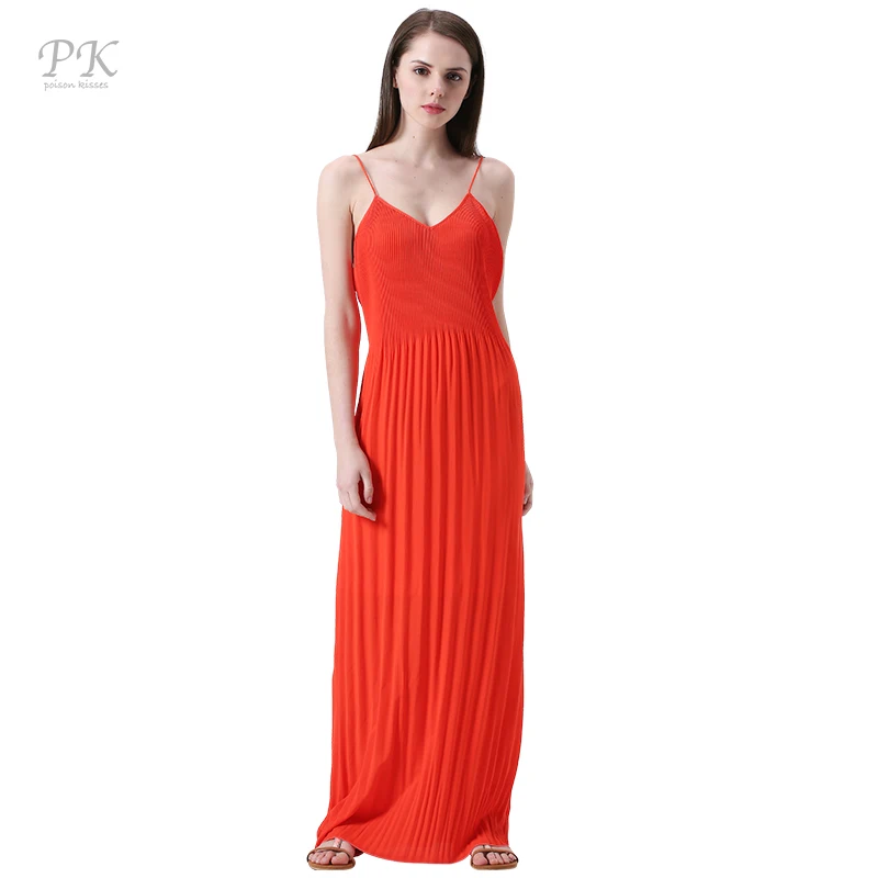 

PK red summer maxi dress 2018 coral collar beach party sexy club sundress boho summer dress tiny pleats female women maxi dress