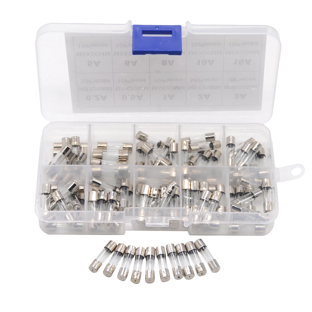 100Pcs 5*20 5x20 mm Auto Glass Tube Fuse Assorted Kit 0.2A 0.5A 1A 2A 3A 5A 6A 8A 10A 15A Car Fuses Kit Tube Fuses Glass Fuse Kit
