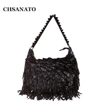 CHSANATO богемная сумка с кисточками и оборками, сумки через плечо для женщин, черные разноцветные Лоскутные сумки из овечьей кожи, дамские вместительные сумки