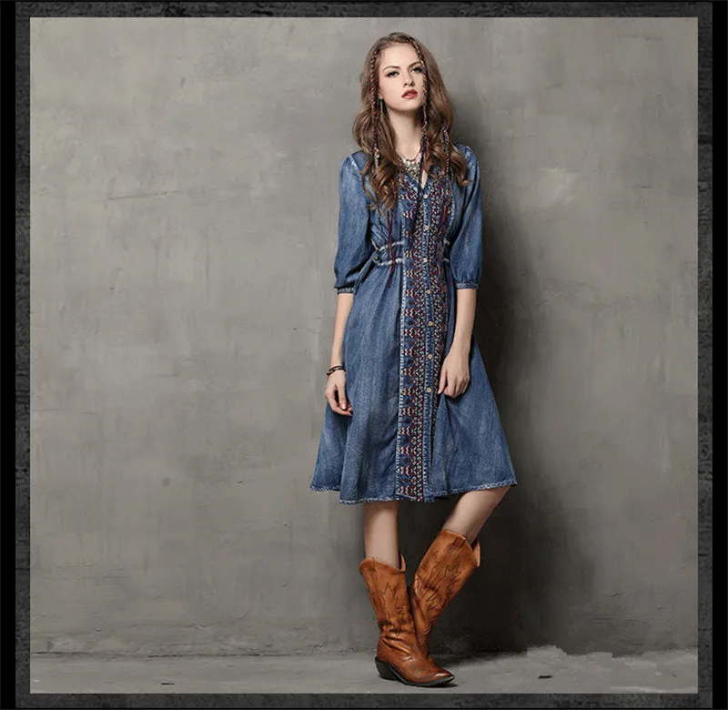 Women Denim Dress 2019 Vintage 100% Cotton Dress Half Sleeve V-Neck A-Line All Match Drawstring Loose Women Dresses Vestidos (8)