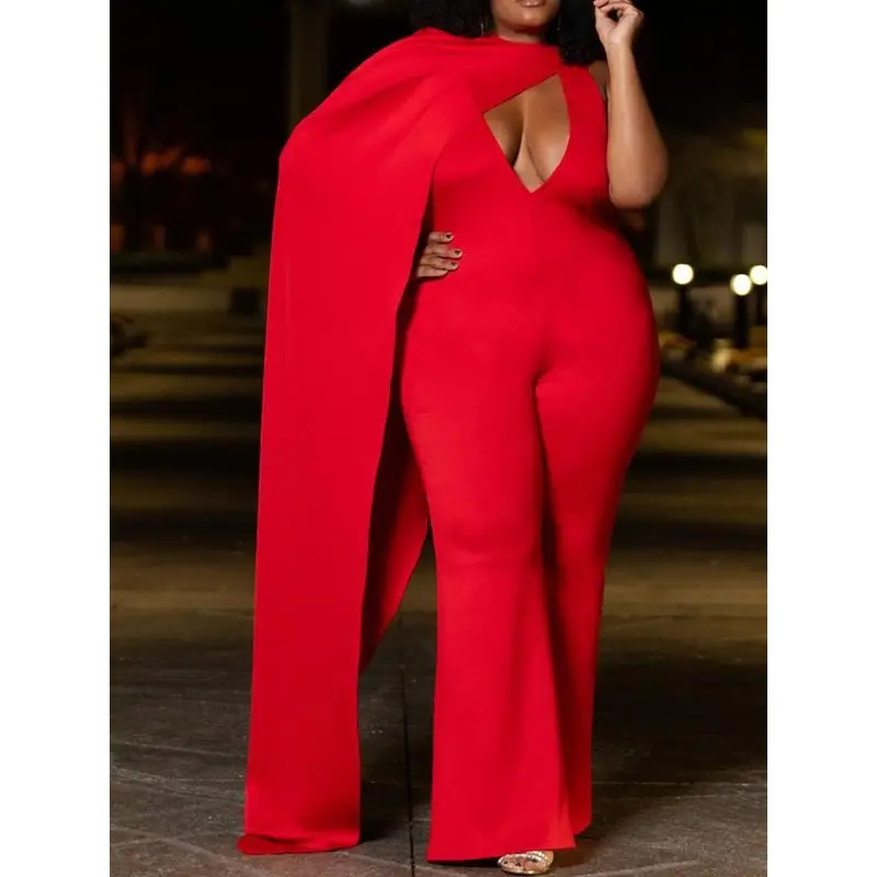 red plus size jumpsuit with sleeves