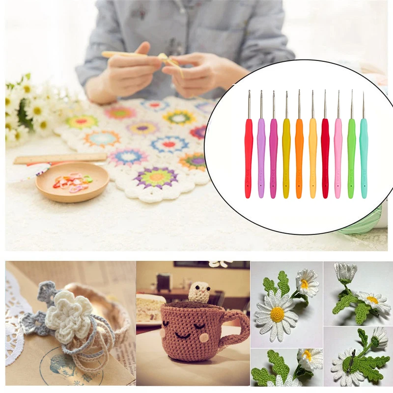10pcs Mix Size 0.5-2.75mm Crochet Needles Set Soft Handle Needles for Arthritic Hand Yarn Weave Knitting Needle Crochet Hook Kit