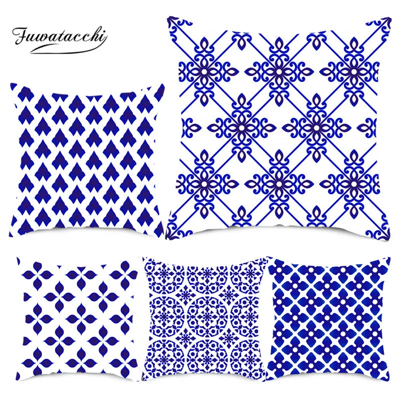 

Fuwatacchi Blue Navy Geometric Cushion Cover Printed Pillows Cover Throw Pillowcase for Home Sofa Decorative Pillows 45*45