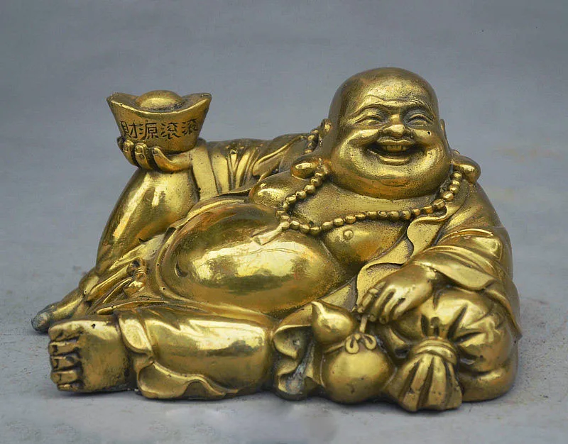 5" China Buddhism Brass Maitreya Buddha Rely on Money Bag Lift YuanBao