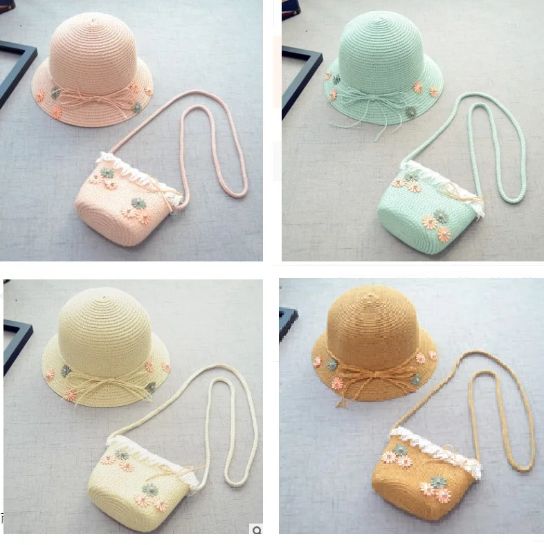 

Summer Girls Straw Plaited Sun Hats Visor Caps + Straw Shoulder Bag Sets Weaved Hats Kids Princess Child Cute Floral Beach Hat