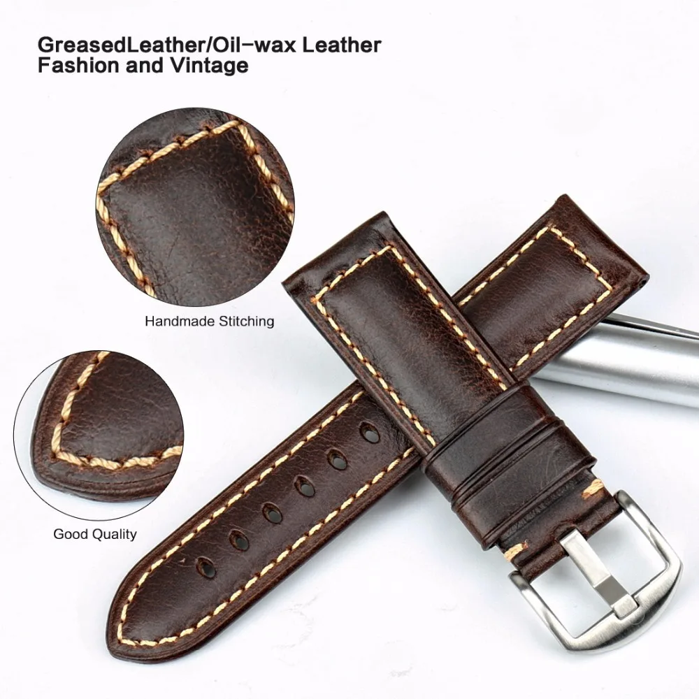 Cheap MAIKES Watch Accessories Watchband Oil Wax Leather Watch Strap 20mm 22mm 24mm Watch band For Panerai Seiko Fossil Etc Brand