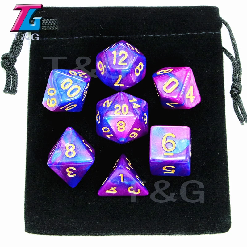 7 pcs кости с сумкой D& D d4, d6, d8, d10, d%, d12, d20 многогранные Настольная игра штук ролевой игры - Цвет: 01 Purple