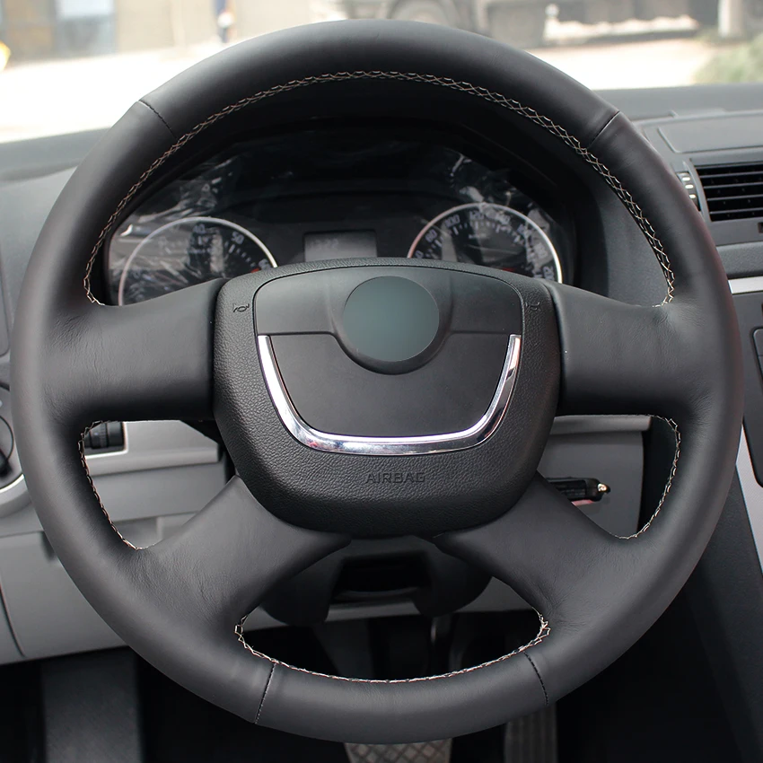 Black Natural Leather Car Steering Wheel Cover for Skoda Octavia Superb