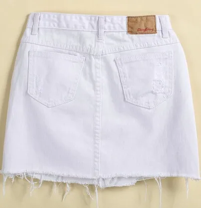 WHITE RIPPED POCKETS FRINGE DENIM SKIRT 