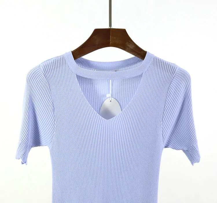 Summer Knitted Shirt Women Sweater Jumper Pullover Short Sleeve T Shirts Cut Out V Neck Chunky Choker Sweaters pull femme 1612